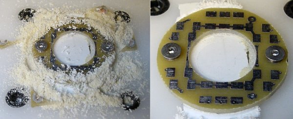 Left: A dusty mess created as a PCB is milled into a ring shape. Right: The finished ring light PCB.