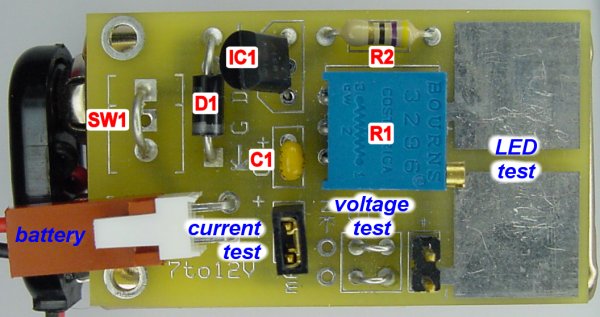 LED tester PCB labeled with component identifiers.
