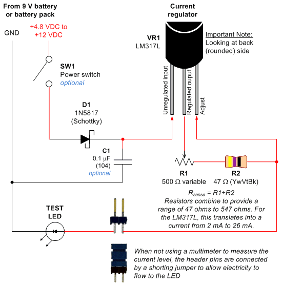 Schematic of an LED test circuit that supplies constant current.