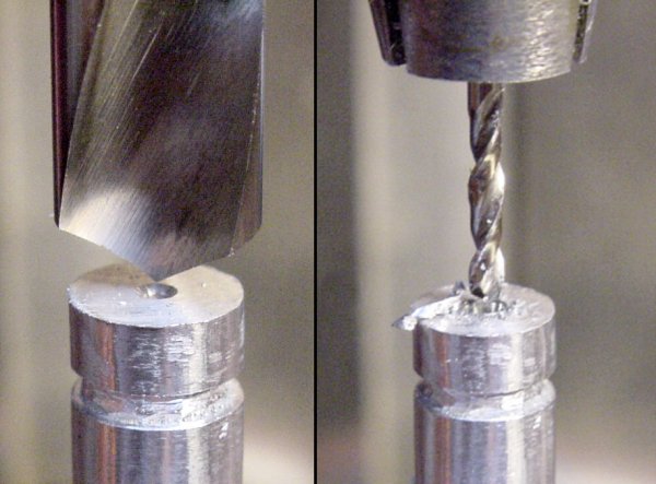 Left: Starting a hole with a spotting drill. Right: Drilling the motor axle hole in the hub.