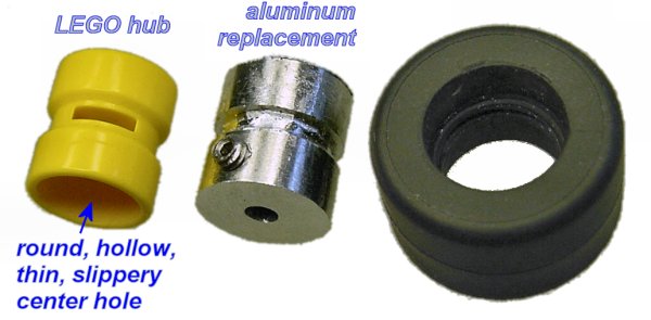 Left: Original LEGO hub with large slippery center hole. Middle: Homemade replacement aluminum hub. Right: Corresponding LEGO rubber tire. Note the molded ring in the center that mates with the center groove on the hub.
