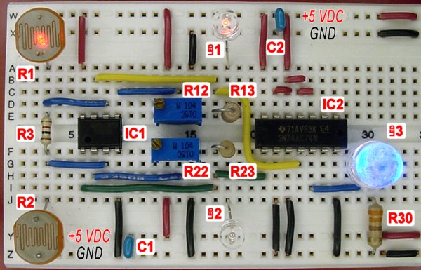 Laser-pointer remote control on a solderless breadboard.