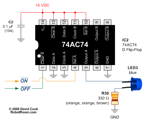 A 74AC74 D-type flip-flop 1-bit memory remembering a comparator output to control a blue LED.