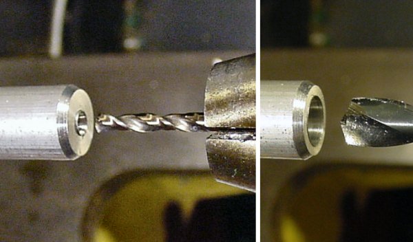 On a lathe, drilling the smaller hole for the motor shaft and the larger hole for the Lego cross axle.