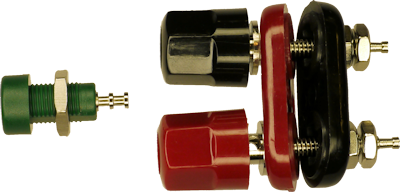 Banana jack with insulated mount (left) and bare bolts (right)