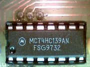 Motorola logo on a chip at 10x magnification