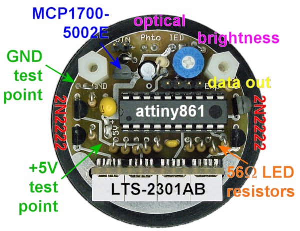 Tachometer circuit board featuring an Atmel ATTiny861 microcontroller.