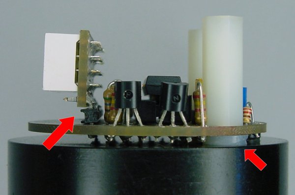 Side view of milling-machine tachometer showing washers to hold the board flat and right-angle headers to connect the numeric LED display board.