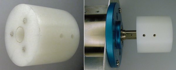Left: A 1.25-inch nylon rod with holes for a motor shaft and screws. Right: Rod being inserted onto a motor shaft with setscrew holes visible.
