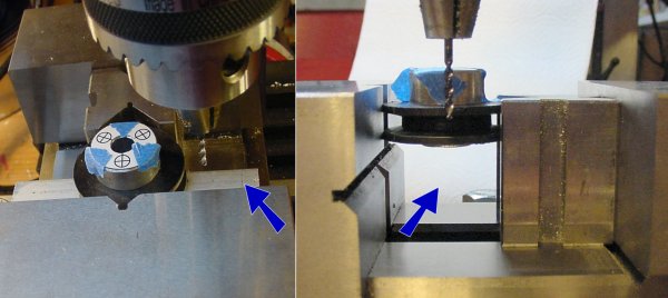 Left: A parallel block and v-block position the pulley in the vise. Right: After tightening the vise, the parallel can be slid aside to make room for the drill.