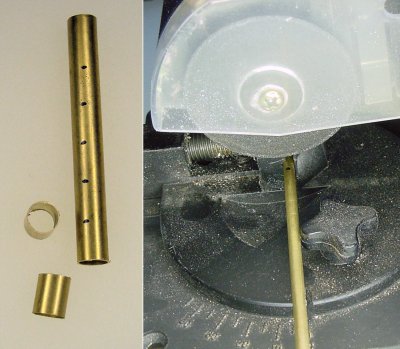 Marking and cutting off brass tubing with a miniature circular cutoff saw.