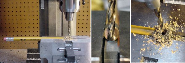 Drilling a pencil with a brass tube cap in a milling machine vise.