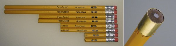 Pencils cut to length with a brass tube fit onto the cut end.