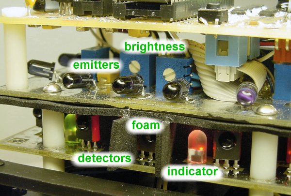 No.2&rsquo;s robotic vision system consists of infrared emitters and detectors, with LED indicators and trimpots for testing and adjustment.
