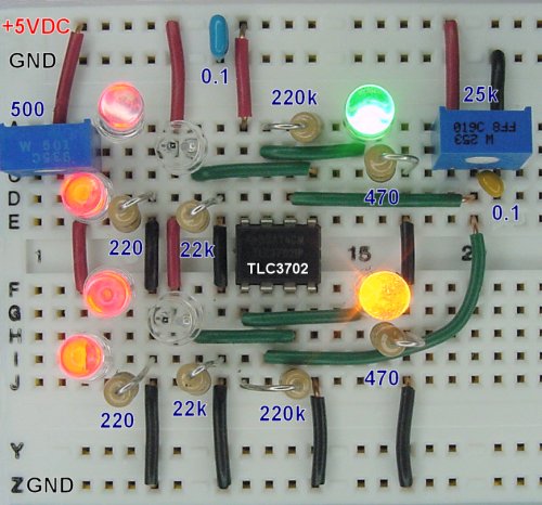 Optical encoder circuit on a solderless breadboard.