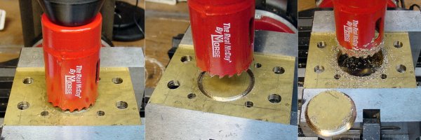 Machining a very large hole using a metal hole saw.