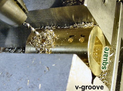 Drilling set screw holes with an edge of the square hole parallel to the bottom of the vise.