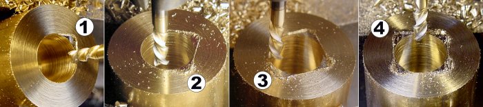 Milling an internal square hole with a clockwise motion of a 1/8 inch end mill.