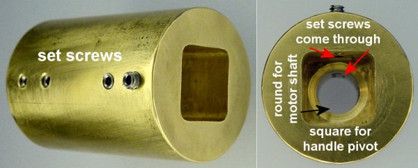 A brass coupler with set screws that hold a round motor shaft on one end and a square pivot shaft on the other end.
