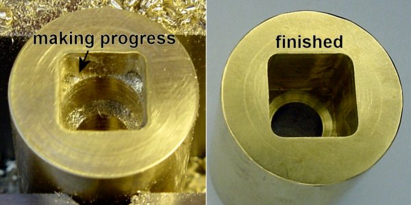 Making progress on milling a deep square hole by gradually cutting away the corners of a round hole.