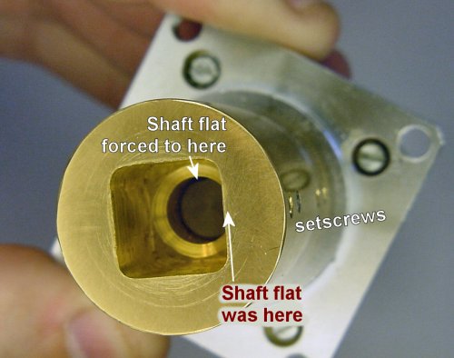 Motor shaft flat twisted away from set screws.