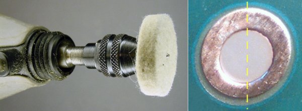 Left: Dremel High-Speed Rotary Tool with buff. Right: Right side of PCB pad moderately buffed.