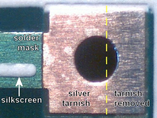 A microscopic view of a circuit board hole pad with solder mask, silkscreen, tarnished plating, and cleaned plating.