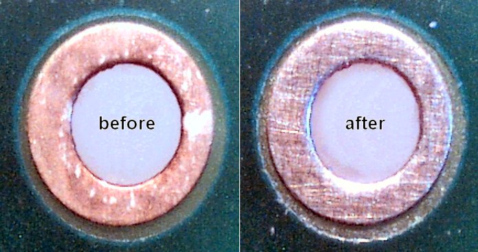 Zoomed in view of a tarnished circuit board hole before and after using Scotch Brite No Scratch scour pads.