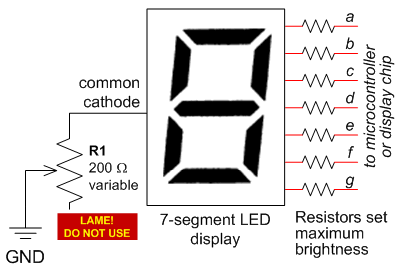 Schematic of a potentiometer directly controlling the brightness of a 7-segment numeric LED display.