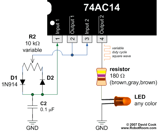 Schematic of an LED connected to the square wave output of the PWM circuit.
