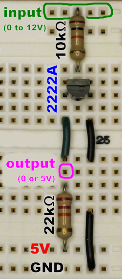 Higher to lower voltage level shifter circuit on breadboard