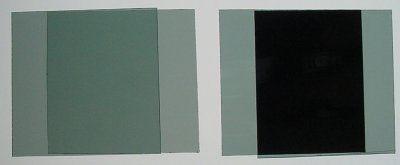 Left: Two pieces of polarizing film overlapped parallel. Right: Two pieces overlapped orthogonally.