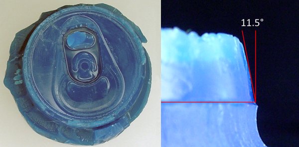 Left: A wax impression of the top of an aluminum can. Right: Using a drawing program to measure the angle of the lip.