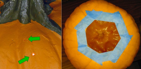 Left: Checking for holes in an artificial pumpkin. Right: Taping holes and underside opening with blue masking tape.