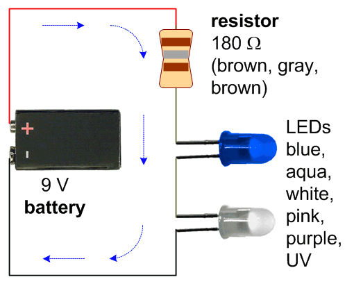 Schematic for an LED Pumpkin Candle with two LEDs (white or ranging from blue to ultraviolet).