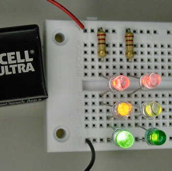 LED Pumpkin Candle on a solderless breadboard with two parallel strands of LEDs.