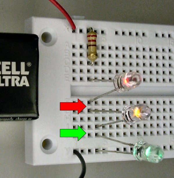 Three LEDs on a solderless breadboard.