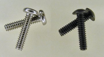 Stainless-steel pan-head slotted machine screws (left) versus black-oxide coated button-head socket cap screws (right).