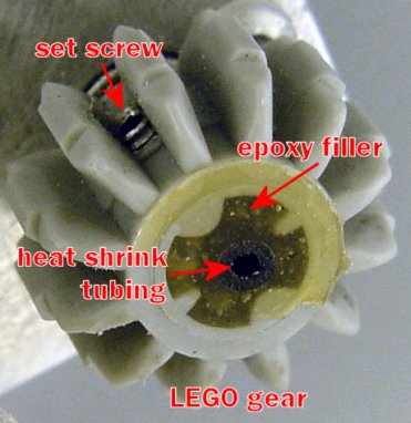 A motor shaft inserted into heat-shrink tubing coated with epoxy to fill in the gaps of a standard LEGO gear. Set screws are added to secure the shaft to the gear while still permitting it to be removable.