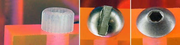 Left to right: nylon standard-head socket cap screw, stainless-steel round-head slotted machine screw, and stainless-steel button-head socket cap screw.