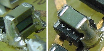 Stacked surface-mount capacitors increase capacitance on the timing portion of the Chicago solar-powered line-following robot.