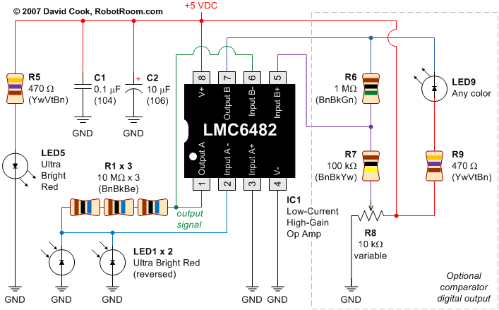 Complete schematic for detecting color with a reversed LED and a high-gain op amp.