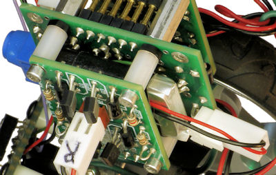Lithium polymer battery nestled between PCBs