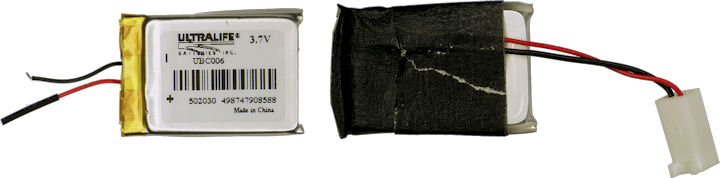 Small Ultralife lithium polymer battery wrapped in black masking tape for strain relief