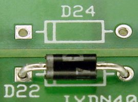 Schottky diode for motor driver protection inserted with the band/stripe matching the outline on the PCB.