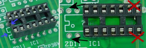 Left: Socket notch must match PCB outline. Right: Socket must be installed directly over PCB outline