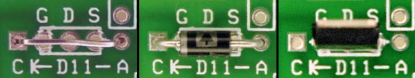 Three options for reversed-battery protection: no protection, diode protection, p-channel MOSFET protection.