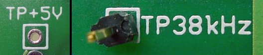 Left: PCB test points consist of a single hole with a square silkscreened around it. Right: Insert a 1-pin header to test a voltage (or frequency) at that point