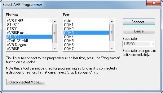 AVR Studio programmer connection choices