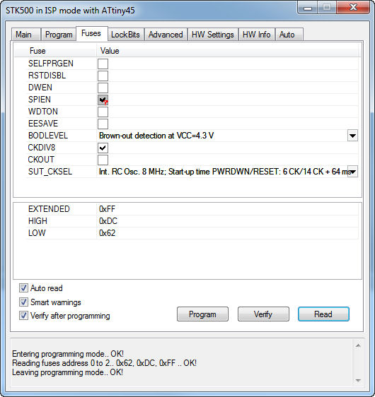 Atmel ATtiny45 fuse settings in AVR Studio